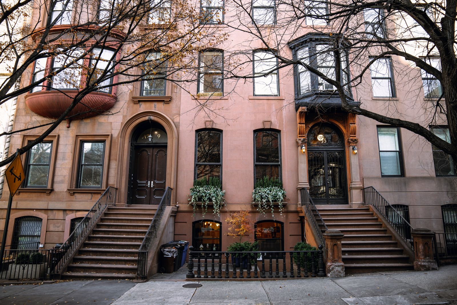 Brownstone row houses in autumn